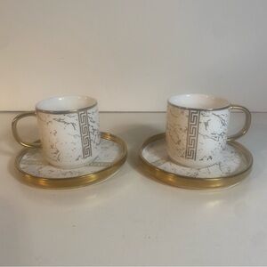 Set Of 2 Turkish Porcelain Gold Greek Key Design Espresso Cups With 4” Saucers